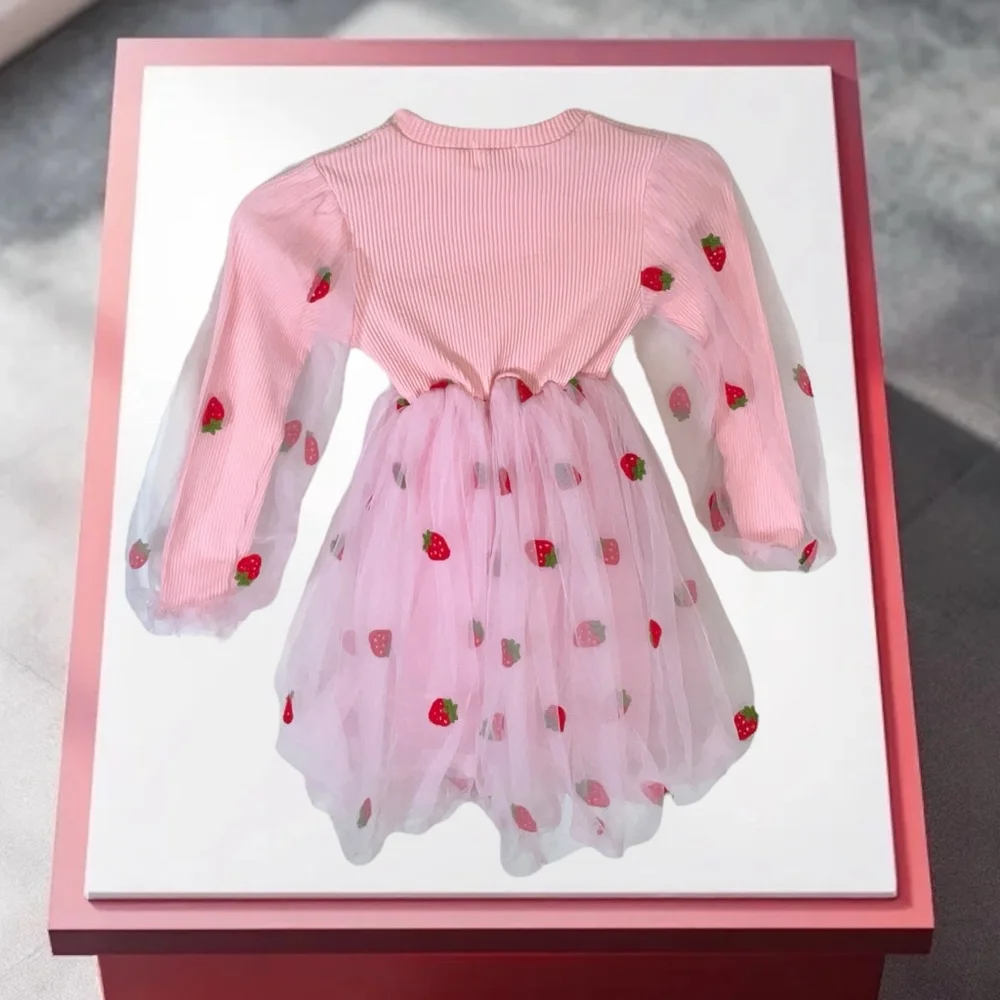 Lola & The Boys Boutique Pink Netted Strawberries Dress Spring Easter Girls Sz 8 - Picture 4 of 8
